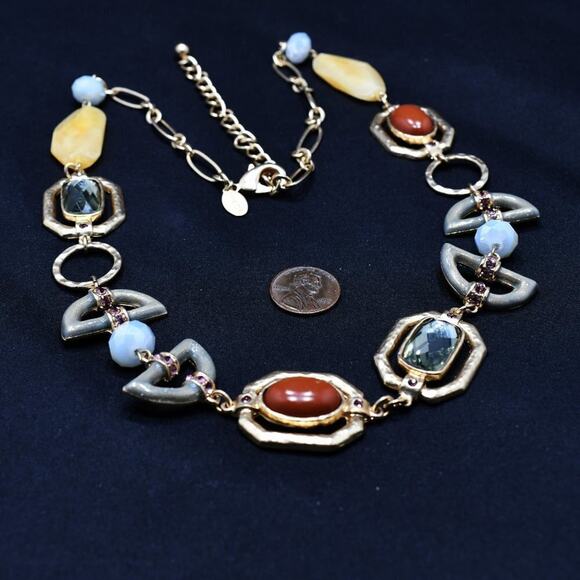 Chico’s Hammered Gold Link Necklace Faux Stones Enamel 29” Statement Jewelry - Picture 7 of 8